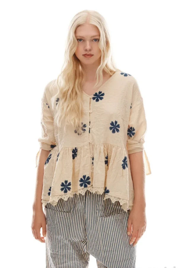 Blusen*Ewa i Walla Bluse 44956 GUNBORG in creme mit Flowerprint (blue flower) - reine Baumwolle aus groben Gewebe