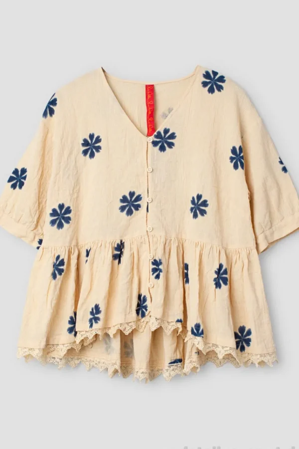 Blusen*Ewa i Walla Bluse 44956 GUNBORG in creme mit Flowerprint (blue flower) - reine Baumwolle aus groben Gewebe