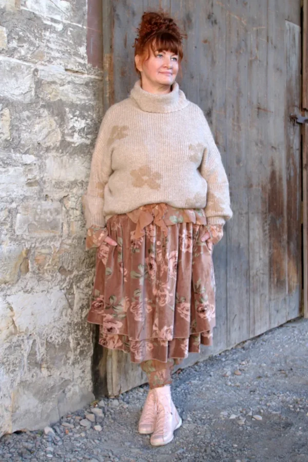 Pullover*Les Ours Pullover PULL im zarten altrose mit Blumenmuster - supersofte Mischwolle